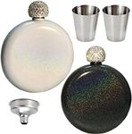 2 Pcs Hip Liquor Flask and Funnel and 2 Pcs Cups, PIVHWIR 5 oz Stainless Steel Leakproof Pretty Glitter Coating Shining Rhinestone Cap Cute Whiskey Flasks (Black+White)