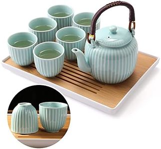 Dujust Japanese Tea Set, Cyan-Blue Porcelain Tea Set with 1 Teapot Set, 6 Tea Cups, 1 Tea Tray, 1 Stainless Infuser, Asian Tea Set for Tea Lover/Women/Men (Bamboo Inspiration - Straight Grain Design)