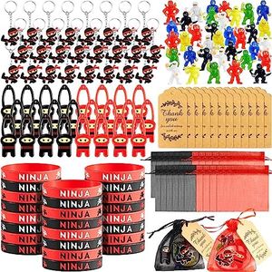 Libima 168 Pcs Ninja Party Favors Includes 48 Small Ninja Figurines, 24 Flying Ninjas Toys, 24 Silicone Bracelets, 24 Keychains, 24 Organza Bags, 24 Thank Card, Ninja Toys for Birthday Party Supplies