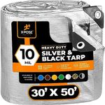 Heavy Duty Poly Tarp - 30' x 50' - 10 Mil Thick Waterproof, UV Blocking Protective Cover - Reversible Silver and Black - Laminated Coating - Grommets - by Xpose Safety