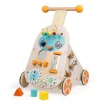 Jacootoys Wooden Activity Walker, Adjustable Speed Toddler Push Walker Activity Center Toy, Wooden Baby Walker Push and Pull Learning Walker with 7 Educational Activities for Boys Girls 1 2 3 Year