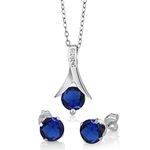 Gem Stone King 925 Sterling Silver Simulated Sapphire Pendant Necklace and Earrings Set For Women (2.40 Cttw, Round with 18 Inch Silver Chain), Metal Gemstone, simulated sapphire