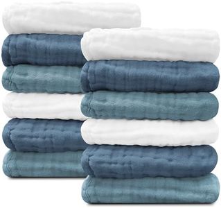 Sunny zzzZZ Baby Muslin Washcloths -100% Cotton Muslin Soft Baby Bath Wash Cloths and Absorbent Burp Cloths for Newborns Kids Girls and Boys -12 Pack, 12x12 Inches - White+Light Navy Series