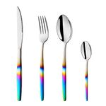 BISDARUN Stainless Steel Flatware Rainbow Coloured Handle Iridescent Cutlery Set 4 Piece Silverware Service for 1 Dinner Spoon Fork Knives Set for Party Outdooor Camping Travel Dishwasher Safe