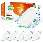 ALUSSO IP65 LED Downlights Dimmable 7W Slim Recessed Ceiling Lights, 3CCT 3000K Warm 4000K Neutral 6500K Cool Adjustable Bathroom Spotlights, White, 6 Pack