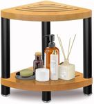 Corner Shower Stool with Storage Shelf,Waterproof Bamboo Corner Shower Seat for Bathroom,Sturdy and Non-Slip Shower Bench for Shaving Legs,Height Adjustable Metal Chair legs with Anti Slip Pad (Brown)