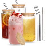 UHAPEER 4 Pack Can Glasses with Bamboo Lids and Glass Straws. 19oz/550ml Can Shaped Beer Glasses, Iced Coffee Glasses Cups, Clear Drinking Glass Cups for Cocktail, Beer, Coke, Soda, Water, Wine