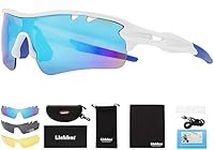 Liekkas Polarised Sports Sunglasses For Men Women with 3 Interchangeable Lenses for Running Cricket Mountain Bike Cycling Glasses White Blue