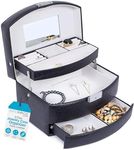 BIRDROCK HOME Faux Leather 3-Tier Jewelry Case Organizer - Small Slide Open Jewelry Boxes Holder - Multi Storage Compartment for Rings, Earrings, Necklaces & Bracelets - Mirror - Women Girls - Black