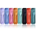 RINFAC 8 Sets Travel Utensil Set with Case, Wheat Straw Reusable Tableware, Portable Cutlery Set Spoon Knife Fork for Lunch Picnic Camping Daily Use