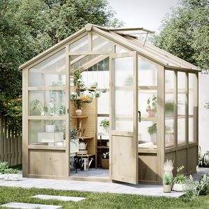 Garvee 8x6FT Wooden Greenhouse, Greenhouses for Outdoors with Lockable Door, Wood Frame & Adjustable Vent, Heavy Duty Greenhouse with Polycarbonate Panel for Outside, Garden, Yard, Light Brown