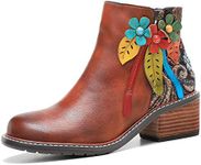 SOCOFY Ankle Boots for Women,Boots for Women Winter Shoes Bohemian Flowers Embroidery Splicing Leather Boots Anti Slip Walking Boots Retro Zipper Short Bohemian Casual Ankle Waterproof Boots for Women