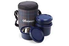 SOPL-OLIVEWARE Infinite Lunch Box, Microwave Safe & Leak Proof, 3 Inside Steel Containers with BPA Free Lids (290ml, 450ml & 600ml), Fabric Bag - Blue