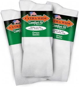 Extra Wide Dress Socks - Exceptional Stretch and Comfort, Wide Foot, Ankle & Calf, Light Weight Material, Crew Length Fit - 3 Pack, Fits Up to 6E Width, Non-binding - Made in USA - White, Medium
