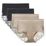 LIQQY Women's 3 or 4 Pack High Waist Comfort Cotton Lace Coverage Full Rise Briefs Underwear (Medium, Black/Nude)