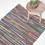 HOMESCAPES - 100% Recycled Cotton Chindi Rug - 120 x 180 cm - 4 ft x 6 ft - Multi Coloured Stripes on White Base