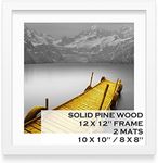 12x12 Picture Frames White Solid Wood Display Pictures 10x10 or 8x8 with Mat or 12x12 without Mat - 12x12 Inch Square Photo Frames with 2 Mats for Wall or Tabletop Mount, 1 Pack