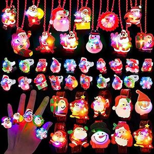 Atonofun Christmas Party Favors for Kids Light Up Christmas Gift Flash Rings Necklaces Bracelets 42 Pack Christmas LED Toys Glow in the Dark Christmas Party Supplies for Christmas Stocking Stuffers