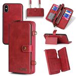 Compatible with iPhone Xs Max Wallet Case Crossbody Shoulder Strap Card Holder Multi-Function 2in 1 Detachable Magnetic Stand Cell Phone Cover for i X XR Xsmax 10x SX Xmax 10xs 10s 10 Plus Xmaxs Red