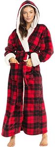 Alexander Del Rossa Women's Warm Fleece Sherpa Robe with Hood, Long Plush Hoodie Sherpa Bathrobe, Red Black Plaid With Cream, 3X