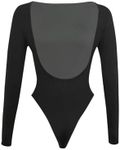 OYOANGLE Women's Open Back Long Sleeve T Shirt Bodysuit Boat Neck Skinny Leotard Top Black Medium