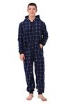 dressfan Unisex Pajamas Check Hooded Solid Color Onesie Thermal Jumpsuit Sportswear Christmas PJS Set Zipper Non-Footed Women&Men Blue Black S