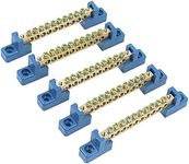 xuefu Terminal Block Blue Terminal Bus Bar 10 Positions Screw Brass Terminal Grounding Strip Bus Bar Block Pack of 5, Blue&gold