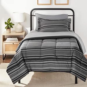 Amazon Basics Lightweight Microfiber Bed-in-a-Bag Comforter 5-Piece Bedding Set, Twin/Twin XL, Gray Calvin Stripe, Striped