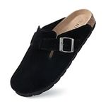 IIITHREE Women's Suede Clogs Cork Footbed Clogs for Women Soft Leather Adjustable Buckle Slip-on Potato Shoes Sandals, Black, 7.5-8