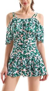 COCOPEAR Women's One Piece Flounce Swimsuit Off Shoulder Bathing Suit Tummy Control Swimdress(FBA) Green Floral M/6-8