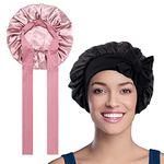 WUBAYI 2PCS Satin Bonnet, Silk Bonnet Hair Wrap for Sleeping, Hair Bonnet for Bath, Tie Band for Women Long Curly Braid Hair (Black, Pink)