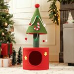 DWVO Christmas Cat Tree with Cat Scratching Post, 32" Cute Modern Cat Condo with Hideaway Cave, Christmas Tree Design with Plush Hanging Ball