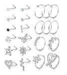 MILACOLATO 22Pcs 20G Nose Ring Stud for Women Men Stainless Steel Paved CZ Round Star Nose Stud L Shape Flower Open Hoop 8mm Silver Nostril Conch Cartilage Daith Piercing Jewellery Set