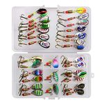 VOANZO 30 Pcs Fishing Lures, Spinner Baits with Plastic Box for Bass Perch Pike Walleye Trout Salmon, Assorted Hard Metal Spinner Lures Kit, Fit Saltwater and Freshwater