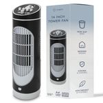 CUQOO 14 inch Table Top Tower Fan - 80° Bladeless Oscillating Fan with 3 Speed Levels and 2-Hour Timer - Lightweight, Small Tower Fan for Bedroom, Living Room, Kitchen, Home Office - Black & Silver