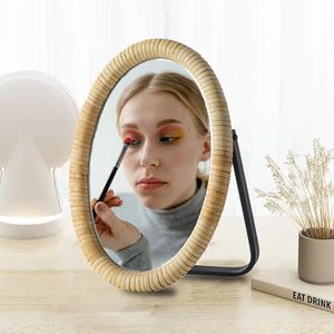 HuiDao Table Mirror, Ratten Framed Desk Makeup Mirror with Stand, Oval Boho Dresser Vanity Mirror for Tabletop, Bedroom, Bathroom, Living Room, Antique 10.8'' x 7'' (Oval)