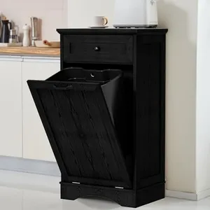 OUTGUAVA 13 Gallons Tilt Out Trash Cabinet Freestanding Kitchen Trash Bin Cabinet Wood Garbage Recycling Cabinet with Hideaway Drawer Pet Proof Trash Can Holder for Kitchen Living Room, Dark Black