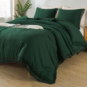 Andency Dark Emerald Green Comforter Set King Size, 3 Pieces Boho Lightweight Tassel Forest Bedding Comforter Sets, All Season Soft Fluffy Fringe Bed Set (104x90In Comforter & 2 Pillowcases)