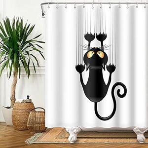 SDOTPMT 105x160cm Nero Gatto con Affilato Zampe Tenda da doccia Carina Divertente Gatto Gattino Tenda da bagno Bianco Sfondo Tenda da doccia Tessuto Poliestere per Bagno con ganci