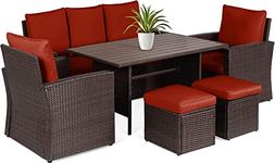 DEVOKO Patio All Weather Outdoor Sofa, Rattan Dining Conversation Sectional Set with Table and Ottomans for Porch, Garden (Dark Brown & Red)