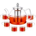 PluieSoleil Glass Teapot with Infuser, Tea Pot Strainer for Loose Tea Leaf, Large 1200ml Teapot Set with 6 Cups, Cleaning Brush, Bamboo Coaster, Removable Mesh Filter