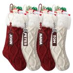 SOMYTING 18" Large Christmas Stockings 4 Packs Knitted Xmas Stockings with Wood Name Tags Fireplace Hanging Stockings Burgundy and Ivory White for Family Holiday Party Christmas Decoration