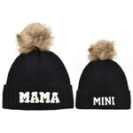 KABAKE 2Pcs Parent-Child Beanie Hat, Mama and Mini Embroidery Winter Warm Knit Hat, Pom Pom Mother & Baby Soft Ski Cap Black