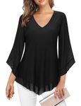 Viracy Plus Size Womens Funeral Dressy Tops Casual Double Layers Elastic Mesh Blouse V Neck 3/4 Flared Sleeve Flowy Work Shirts for Women-Black, XXL