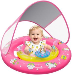 Baby Pool Float with UPF50+ Sun Protection Canopy, Inflatable Unicorn Baby Swim Float with Double Air Chambers, Adjustable Safety Seat & Toy Console Toddler Pool Float for 6-36 Months Boys Girls