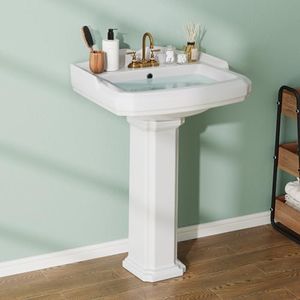 GarveeTech Vintage Bathroom Pedestal Sink, 19"L x 23" W Retro White Bathroom Sink With Overflow Hole, Freestanding Ceramic Sink With 3 Pre-Drilled Holes for 4 Inch Faucets