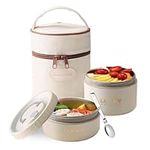 LANSKYWARE Portable Insulated Lunch Container Set, Bento Box Adult Lunch Box Set with Insulated Lunch Bag, 2 Separate Stackable Thermal Food Lunch Container for Adult, Beige