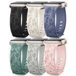 6 Pack Floral Engraved Bands Compatible with Apple Watch Bands 40mm Women 41mm 44mm 45mm 46mm 38mm 42mm Women, Soft Silicone Cute Flower Pattern Sport Strap for iWatch Bands Ultra SE Series 10 9 8 7 6