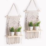 Decazone Macrame Indoor Wall Hanging Shelf Chic Decor Wood Floating Boho Shelves with Wooden Dowel Hand Woven Bohemian Decor for Apartment Dorm Bedroom Living Room Nursery Beige 40 x 25cm (Set of 2)