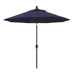 California Umbrella 9' Round Aluminum Market Umbrella, Crank Lift, Push Button Tilt, Bronze Pole, Sunbrella Navy